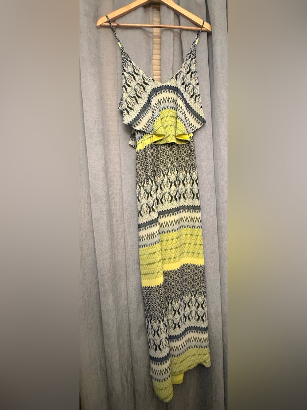 Yellow Patterned Ruffle-Trim Maxi Dress